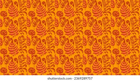 A vector illustration of fern pattern. Fern pattern with paint prints of fern leaves. Set of silhouettes of ferns. Can be used for textiles, wallpaper, wrapping paper