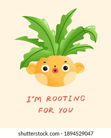 Vector illustration of a fern plant in a clay pot and a motivational message. Bird's nest fern planted in a ceramic pot with a cute face in modern cartoon style. Poster or a card design.