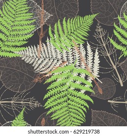 Vector illustration of fern seamless pattern with leafs and Horsetail.