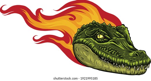 Vector illustration, a ferocious alligator head with flames