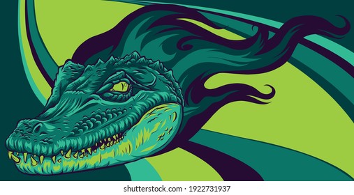 Vector illustration, a ferocious alligator head with flames