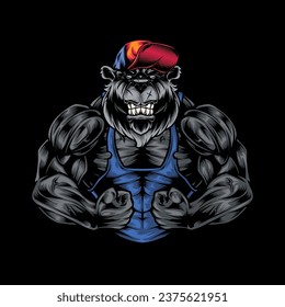 Vector illustration, a ferocious bear athlete posing, showing large biceps
