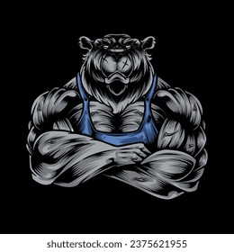 Vector illustration, a ferocious bear athlete posing, showing large biceps