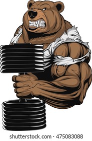 Vector illustration, a ferocious bear the athlete performs the exercise for biceps with dumbbells
