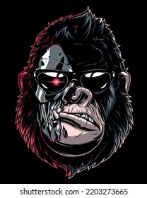 Vector illustration, ferocious gorilla cyborg in sunglasses, on a black background.