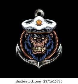 Vector illustration, ferocious gorilla with hat