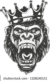 Vector illustration, ferocious gorilla head on with crown,King of monkeys, on white background