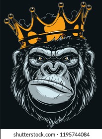 Vector illustration, ferocious gorilla head on with crown, on black background