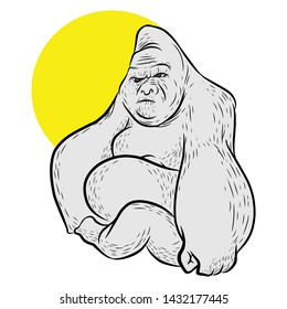Vector illustration, ferocious gorilla head on with crown, on black background