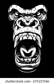 Vector illustration, ferocious gorilla head, on black background, stencil
