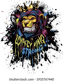 Vector illustration, a ferocious lion in a crown grins, with grunge effects on a clamped background, print