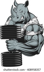 Vector illustration, a ferocious rhino athlete doing exercise for biceps with dumbbells