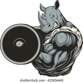 Vector illustration of a ferocious rhino raises the barbell on biceps