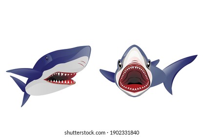 Vector illustration, ferocious shark attacks, on white background. Shark. Cartoon ocean fish character. Comic sharks emotions. Shark fish mascot. 