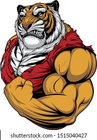 Vector illustration, a ferocious Tiger strong bodybuilder athlete posing, showing large biceps