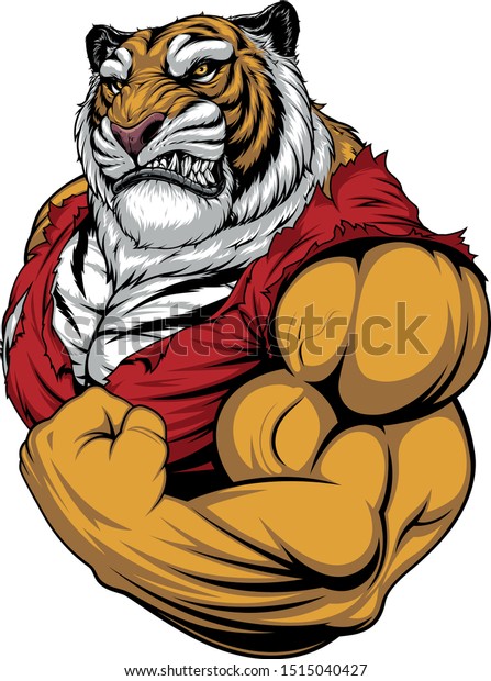 Vector Illustration Ferocious Tiger Strong Bodybuilder Stock Vector