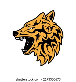 Vector illustration of ferocious wolf head with tattoo motif on white background