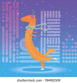 vector illustration. ferret rolls around on figure skates in the evening on the ice in a scarf and mittens
