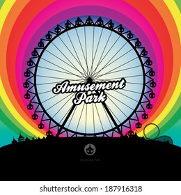 A vector illustration of ferris wheel and amusement park with rainbow background.