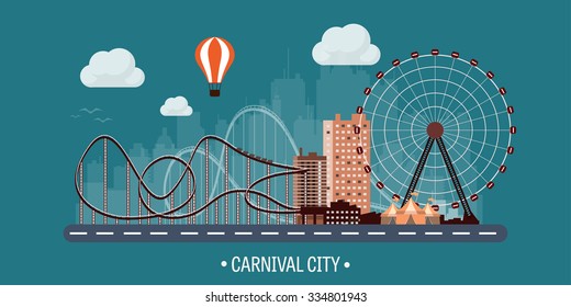 Vector illustration. Ferris wheel. Carnival. Funfair background. Circus park.  Skyscrapers with roller coast.