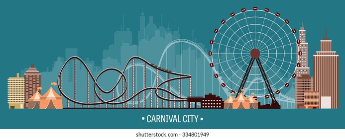 Vector illustration. Ferris wheel. Carnival. Funfair background. Circus park.  Skyscrapers with roller coast.