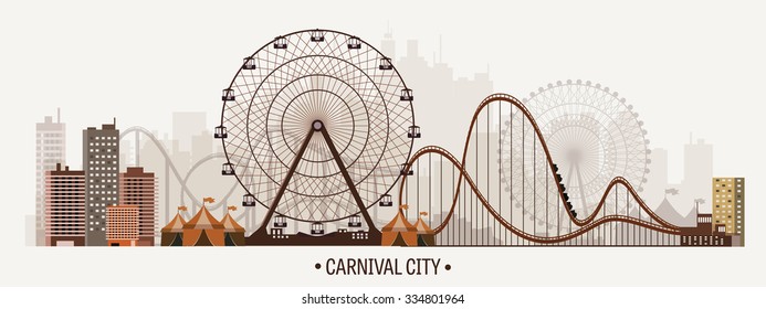 Vector illustration. Ferris wheel. Carnival. Funfair background. Circus park.  Skyscrapers with roller coast.
