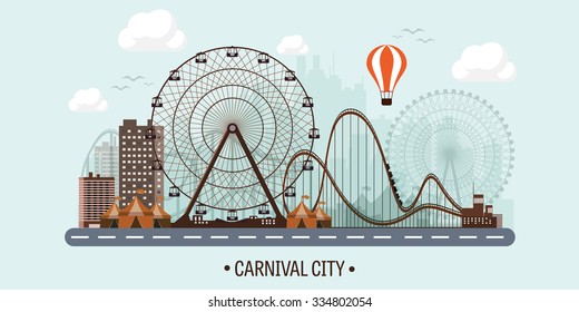 Vector illustration. Ferris wheel. Carnival. Funfair background. Circus park.  Skyscrapers with roller coast.