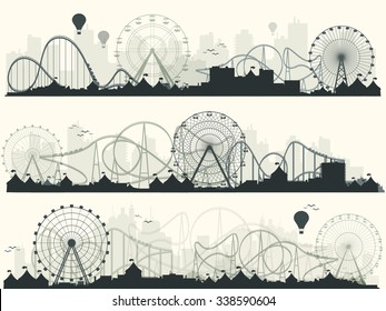 Vector illustration. Ferris wheel. Carnival. Funfair background. Circus park.  Skyscrapers with roller coast.