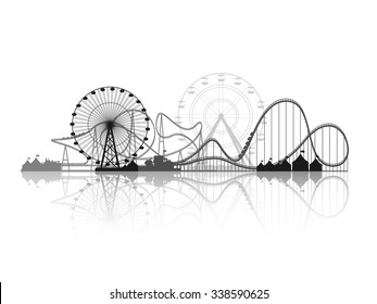 Vector illustration. Ferris wheel. Carnival. Funfair background. Circus park.  Skyscrapers with roller coast.