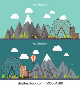 Vector illustration. Ferris wheel. Carnival. Funfair background. Circus park. Skyscrapers with roller coast. Mountain peak. Nature. Ecology.