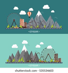 Vector illustration. Ferris wheel. Carnival. Funfair background. Circus park. Skyscrapers with roller coast. Mountain peak. Nature. Ecology.