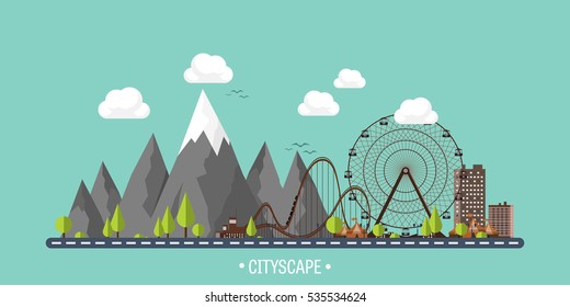 Vector illustration. Ferris wheel. Carnival. Funfair background. Circus park. Skyscrapers with roller coast. Mountain peak. Nature. Ecology.