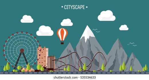 Vector illustration. Ferris wheel. Carnival. Funfair background. Circus park. Skyscrapers with roller coast. Mountain peak. Nature. Ecology.