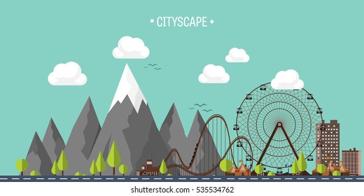 Vector illustration. Ferris wheel. Carnival. Funfair background. Circus park. Skyscrapers with roller coast. Mountain peak. Nature. Ecology.