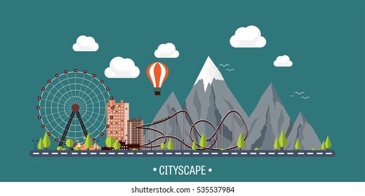 Vector illustration. Ferris wheel. Carnival. Funfair background. Circus park. Skyscrapers with roller coast. Mountain peak. Nature. Ecology.