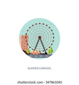 Vector illustration. Ferris wheel. Summer carnival. Funfair background. Circus park. Roller coaster.