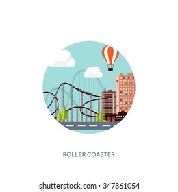 Vector illustration. Ferris wheel. Summer carnival. Funfair background. Circus park. Roller coaster.