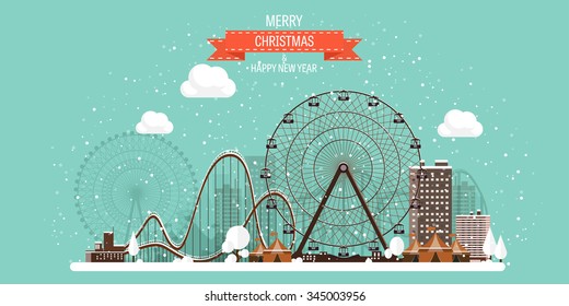 Vector illustration. Ferris wheel. Winter carnival. Christmas, new year. Park with snow.