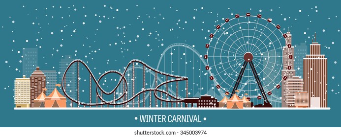 Vector illustration. Ferris wheel. Winter carnival. Christmas, new year. Park with snow.