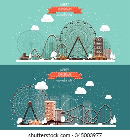 Vector illustration. Ferris wheel. Winter carnival. Christmas, new year. Park with snow.