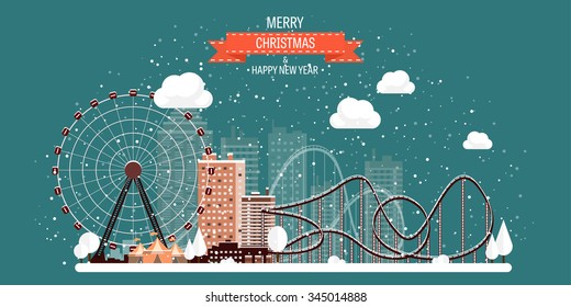 Vector illustration. Ferris wheel. Winter carnival. Christmas, new year. Park with snow.