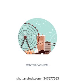 Vector illustration. Ferris wheel. Winter carnival. Christmas, new year. Park with snow. Roller coaster.