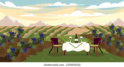 Vector illustration of fertile grape fields. Cartoon mountain landscape with grapes, hills, table, chairs and wine for sampling.