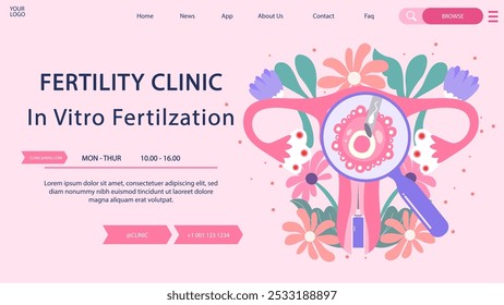 Ilustração vetorial de um projeto de interface da web de uma clínica de fertilidade, apresentando fertilização in vitro com detalhes florais e informações de contato.