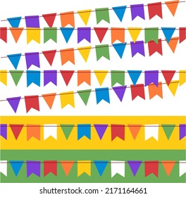 Vector illustration of "Festa Junina" flags. Traditional party in Brazil, it takes place in June and celebrates Saint João and Saint Antonio. Popular holiday with dancing and typical food. Design set