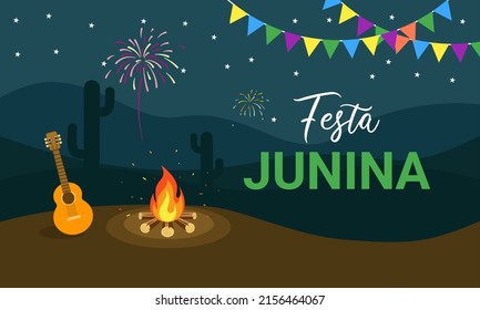 Vector illustration of Festa Junina with Party Flag and bonfire. June Festival Design for Holiday Greeting Cards, Invitations or Posters.