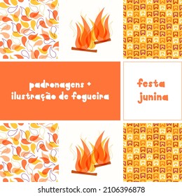 Vector illustration of "Festa Junina" seamless pattern set collection. Traditional party in Brazil, it celebrates Saint João and Saint Antonio. Fire pit, flags, flame, colorful, cute background print.