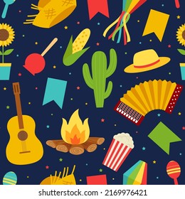 Vector Illustration Festa Junina. Symbols of party flags and paper lanterns, accordion, bonfire, guitar, cornhub, maracas, seamless pattern.