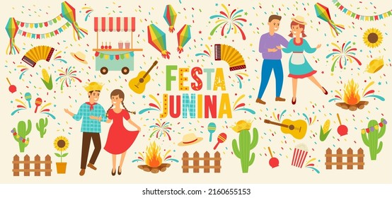 Vector illustration Festa Junina traditional Brazilian symbols of accordion, corn, guitar, sunflower, bonfire, fun dancing people, festive fireworks.