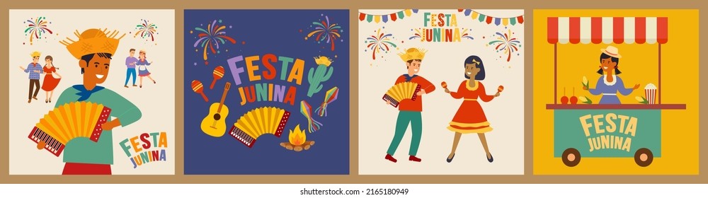 Vektorgrafik des traditionellen brasilianischen Festa Junina. Set von Symbolen Akkordeon, Mais, Gitarre, Sonnenblumen, Feuer, fröhliche Tanzmenschen, festliches Feuerwerk.